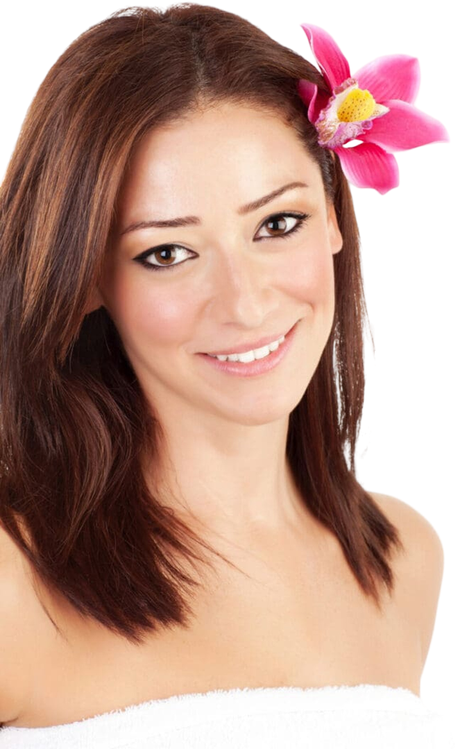 Headshot of woman wearing pink orchid hair clip